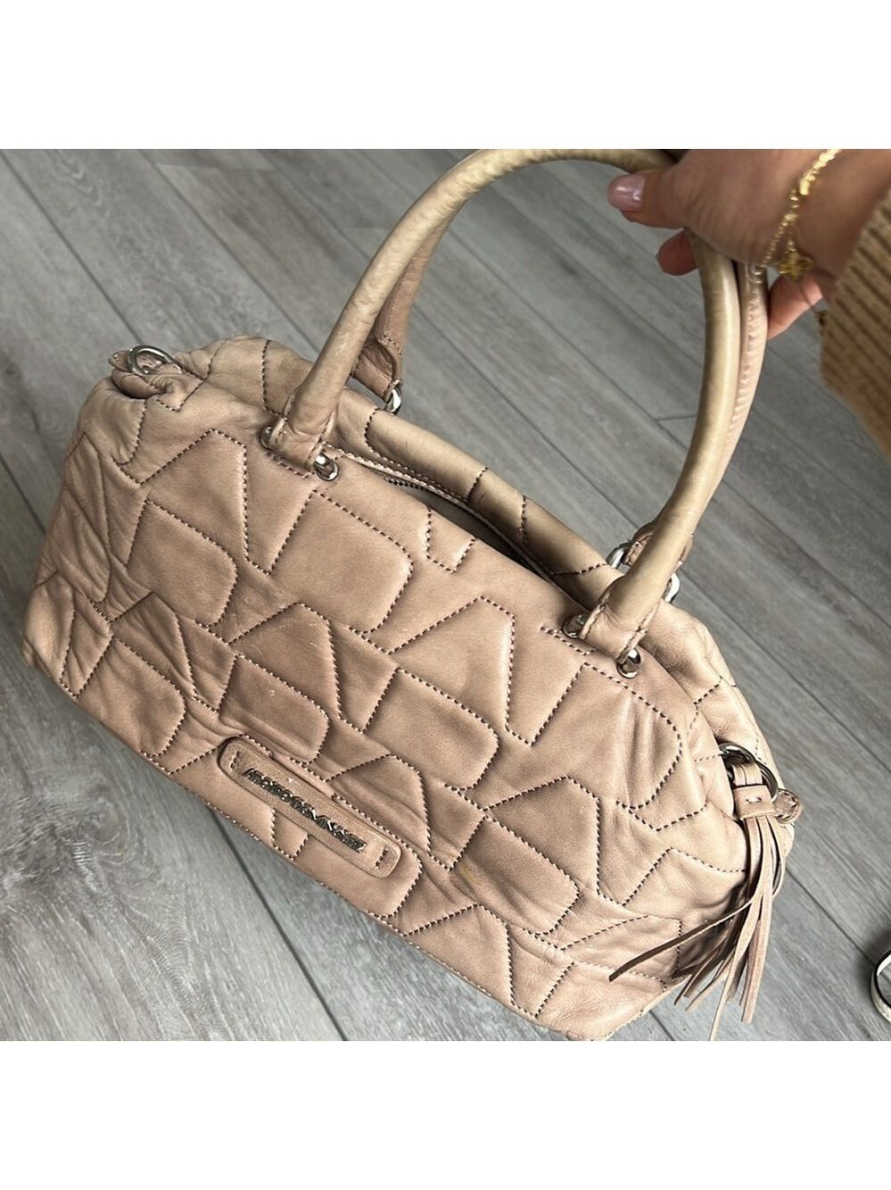Adolfo Domingo neutral tan leather Quilted tassel barrel shoulder bag - Picture 11 of 14
